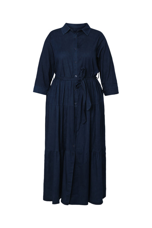 Lange jurk met volants van denim-Paprika-10