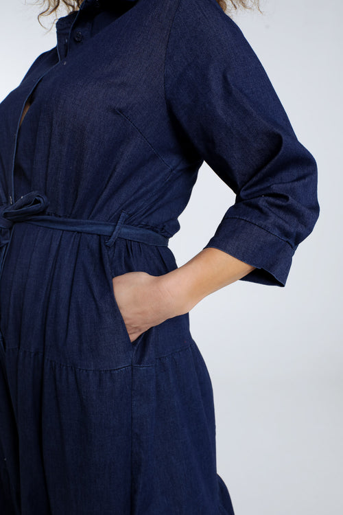 Lange jurk met volants van denim-Paprika-5