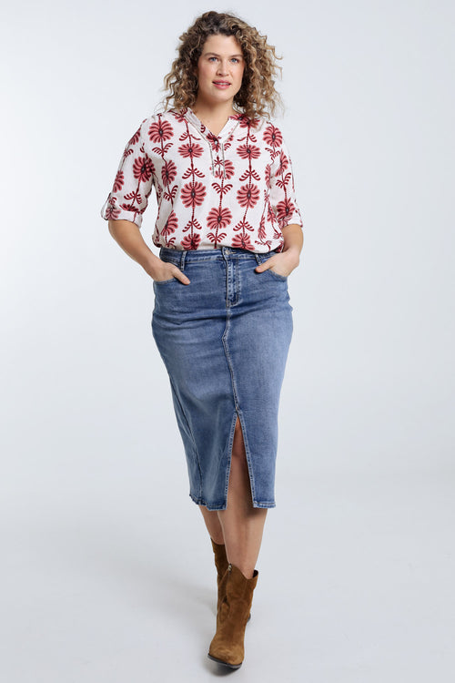 Blouse met opengewerkt detail en tweekleurige print-Paprika-9