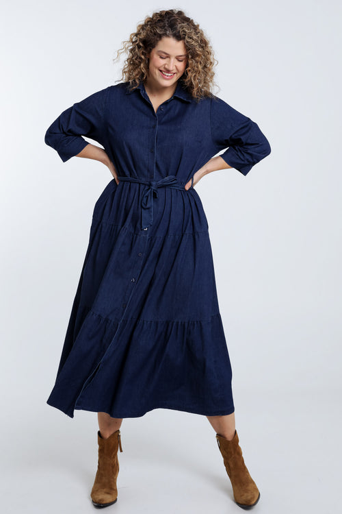 Lange jurk met volants van denim-Paprika-8