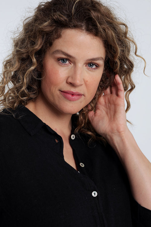Effen lange linnen en viscose blouse-Paprika-3