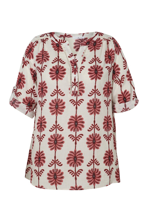 Blouse met opengewerkt detail en tweekleurige print-Paprika-10