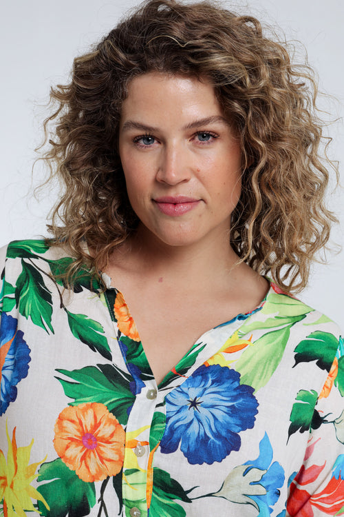 Linnen en viscose tuniek jurk met bloemenprint-Paprika-3