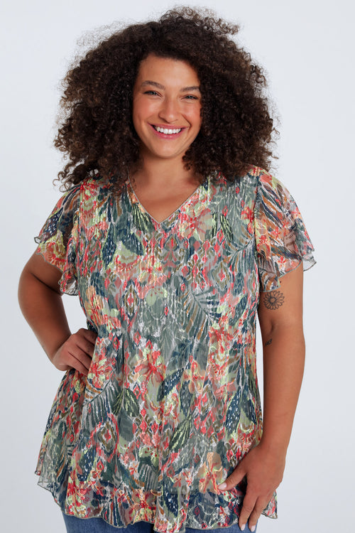 Plissé kanten tuniek met bloemenprint-Paprika-1