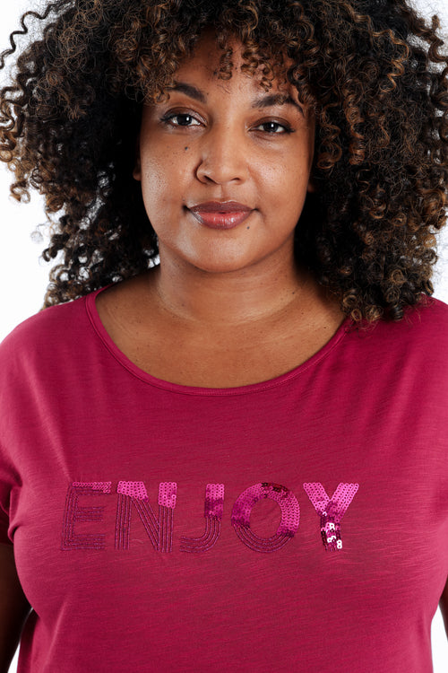 Effen katoenen T-shirt Enjoy met pailletten-Paprika-3