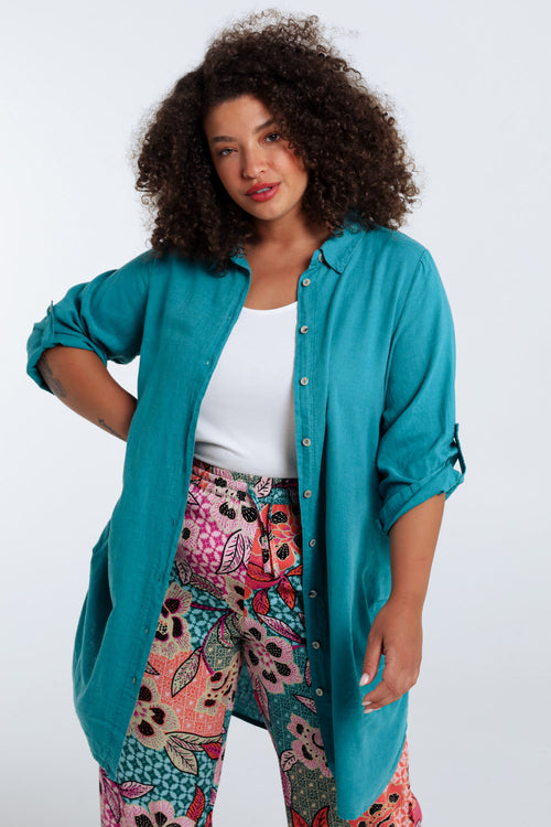 Effen lange linnen en viscose blouse-Paprika-1