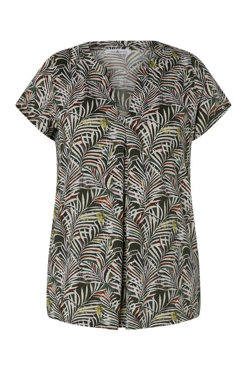 T-shirt van koel gaas met bladerenprint-Paprika-2