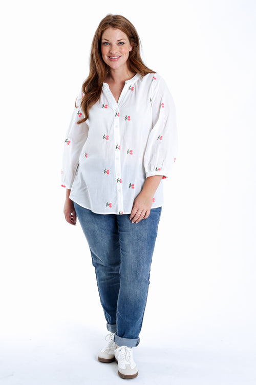 Blouse en coton unie avec broderies cerises-Paprika-9