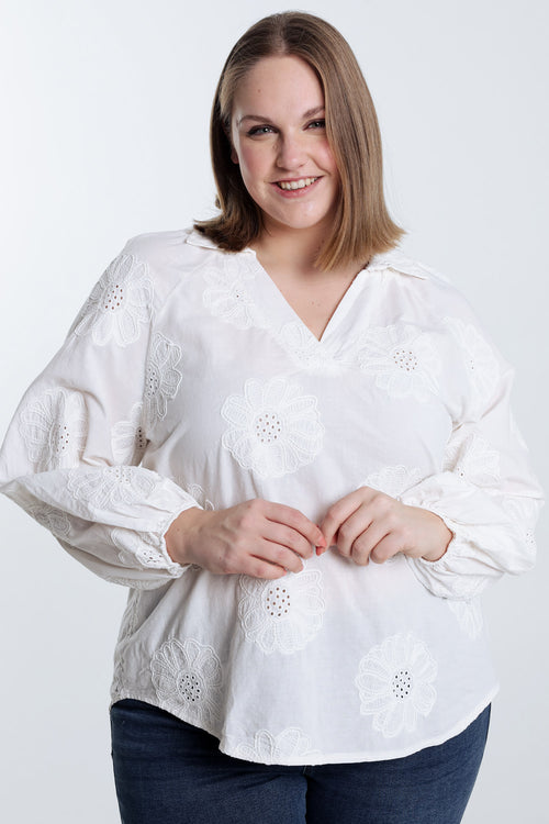 Effen katoenen blouse met geborduurde bloemen-Paprika-1