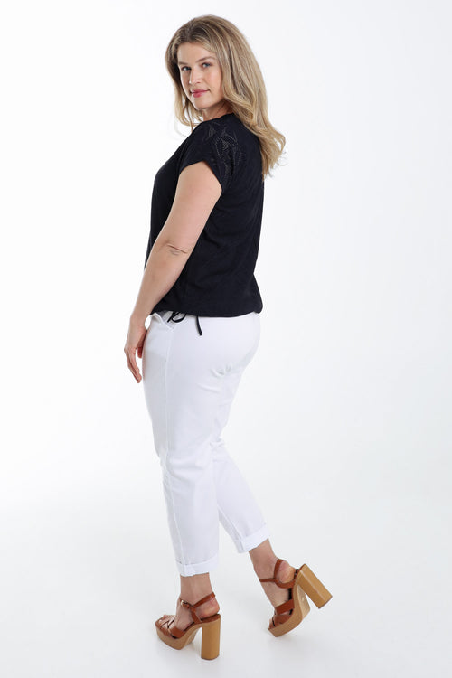 Effen kanten T-shirt met bloemmotief-Paprika-2