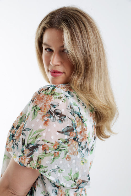 Bloemdruk blouse en plumetis-Paprika-3