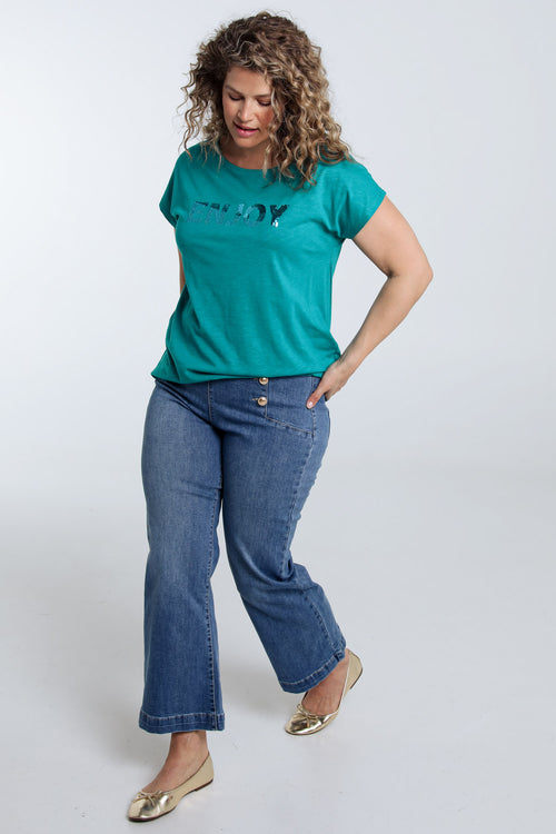 T-shirt uni avec broderie Enjoy et sequins-Paprika-8