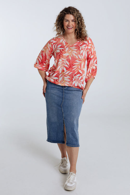 Blouse van viscose met bladerenprint-Paprika-7