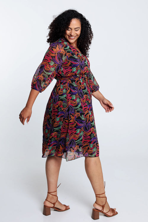 Halflange jurk in voile met print-Paprika-8