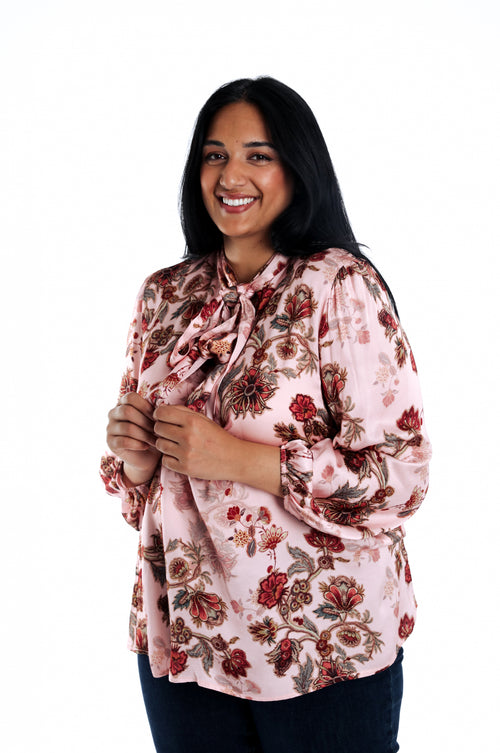Overhemd van viscose met bloemenprint lavalier-Paprika-1