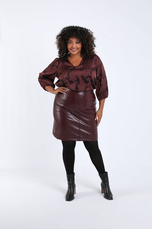 Korte effen rok van imitatieleren-Paprika-7