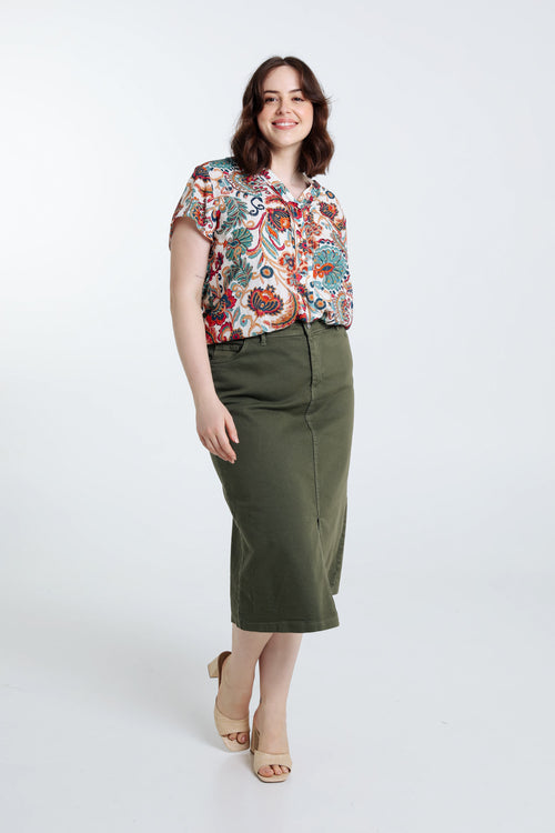 Halflange, effen rok met split vooraan-Paprika-7