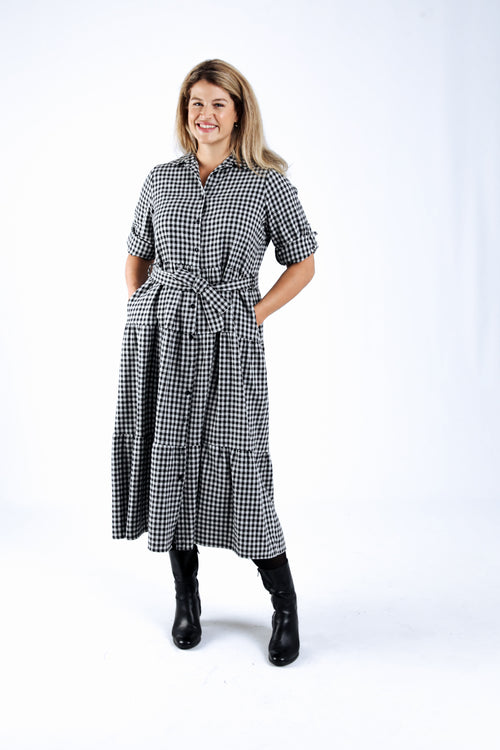 Lange jurk met vichyprint-Paprika-7