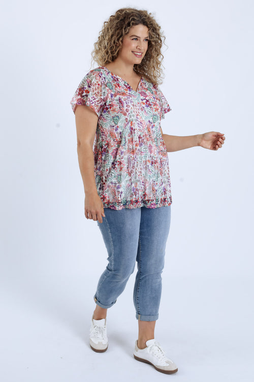 Tunique en dentelle plissée imprimé fleuri-Paprika-8