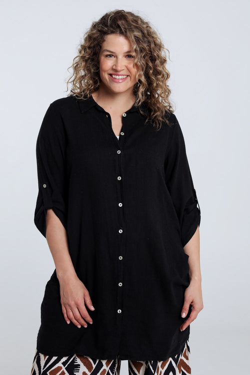 Effen lange linnen en viscose blouse-Paprika-3