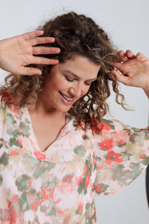 Bloes met bloemenprint en lurex-Paprika-5