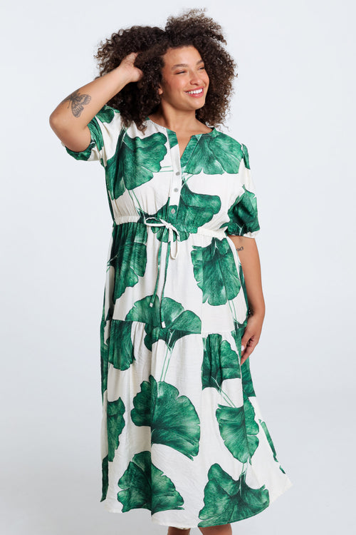 Langjurige jurk van viscose met bladerenprint-Paprika-1