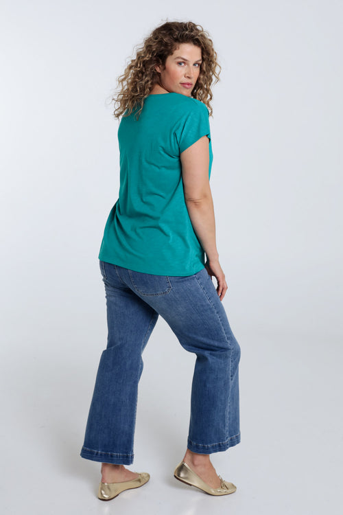 T-shirt uni avec broderie Enjoy et sequins-Paprika-2