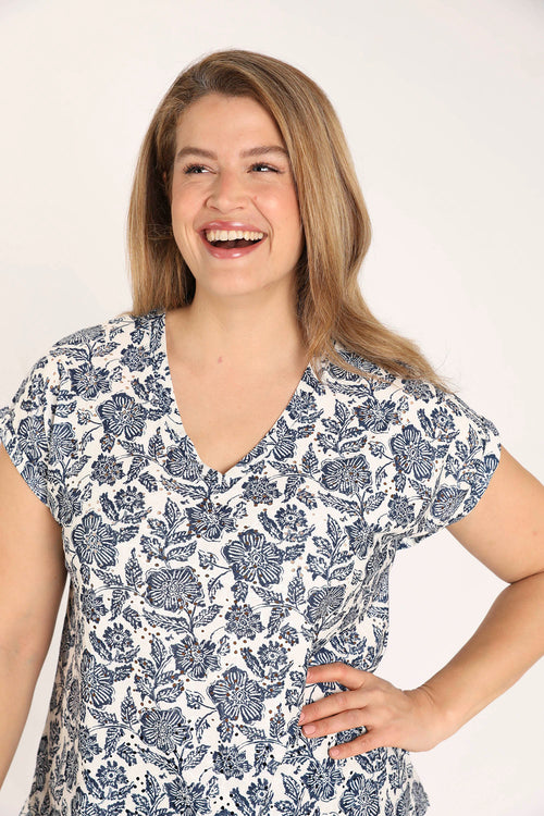 T-shirt van gebreide kant met bloemenprint-Paprika-5