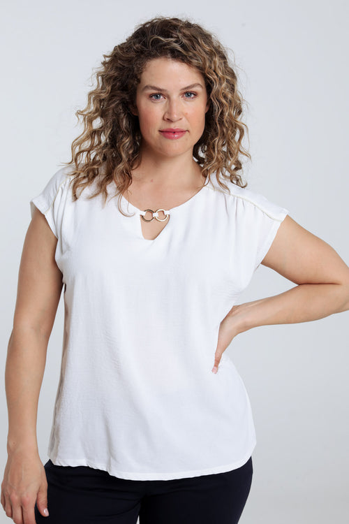 T-shirt van twee materialen met ronde hals en lus-Paprika-1