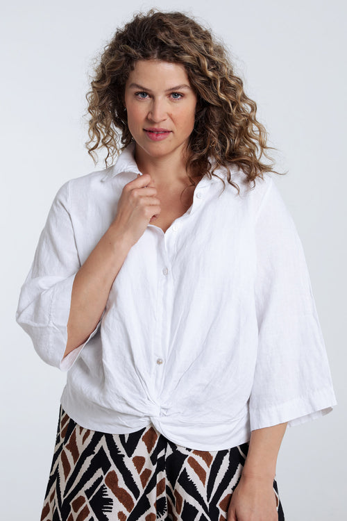 Effen linnen blouse met strik-Paprika-1