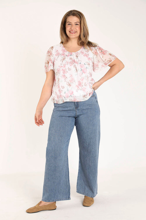 T-shirt van mesh met bloemenprint-Paprika-7