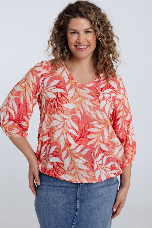 Blouse van viscose met bladerenprint-Paprika-2