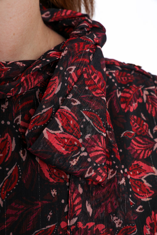 Blouse met bladerenprint en lurex lavallière-Paprika-6