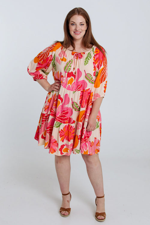 Korte jurk van viscose met bloemenprint-Paprika-9