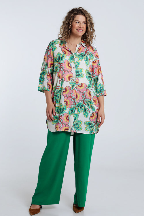 Lange blouse van linnen en viscose met bloemenprint-Paprika-8
