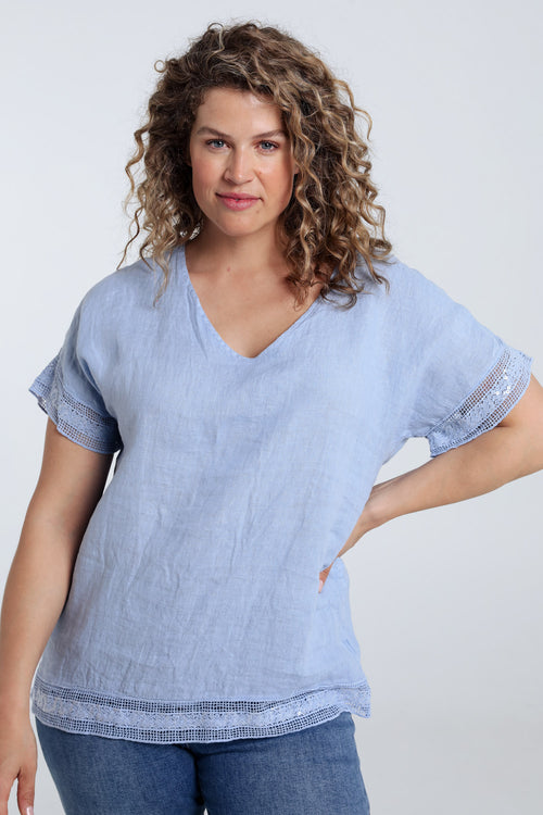 Blouse van effen linnen met sequindetails-Paprika-2