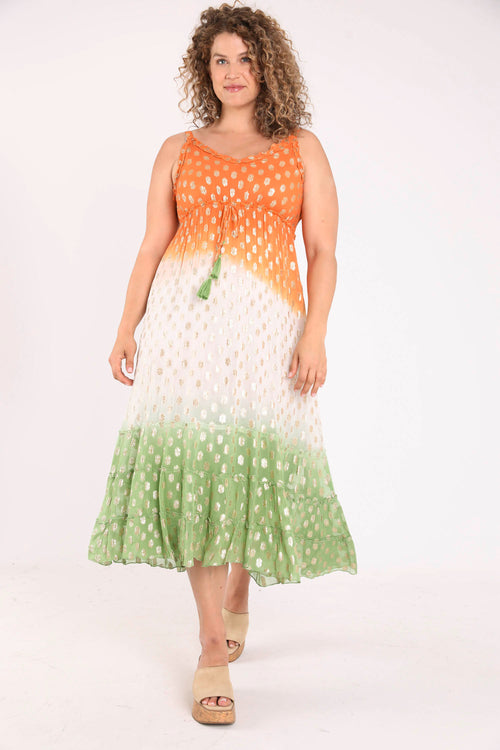 Lange jurk met kleurverloop en folieprint-Paprika-7