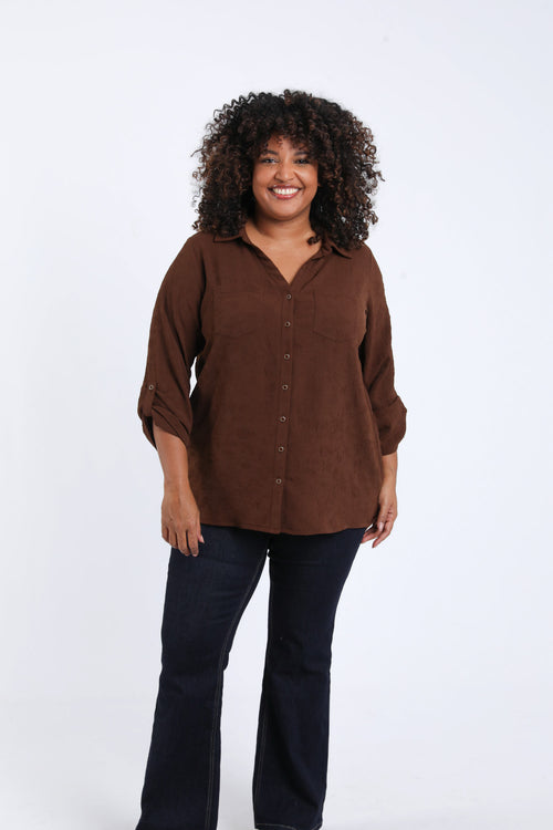 Effen overhemd met reliëf bloemenpatroon-Paprika-1