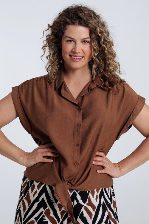 Knopenblouse van effen viscose-Paprika-2