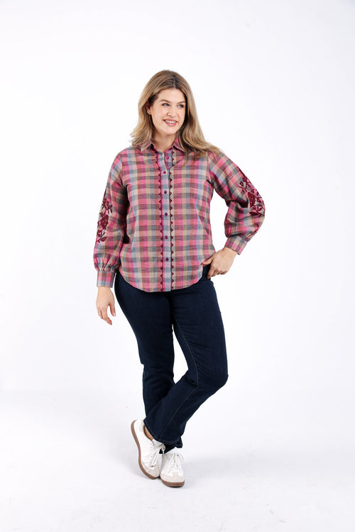 Chemisier en coton à carreaux avec broderies-Paprika-6