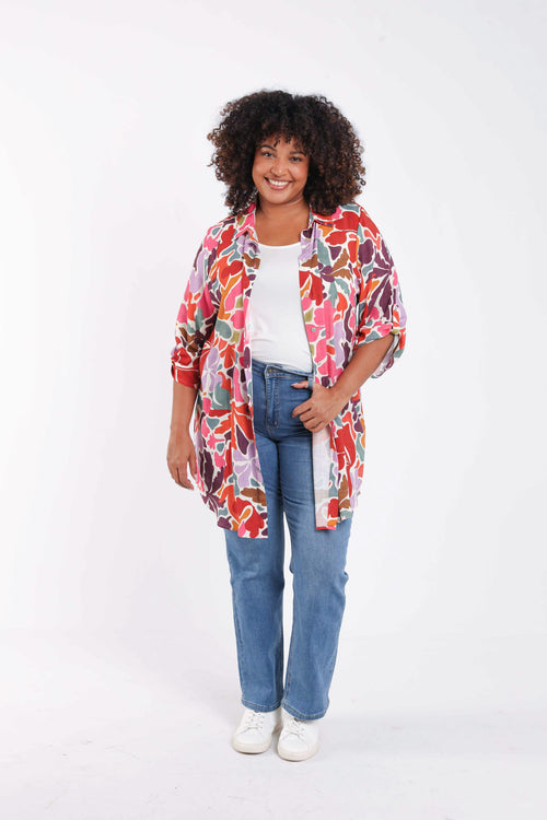 Lange blouse in viscose met bloemenprint-Paprika-9