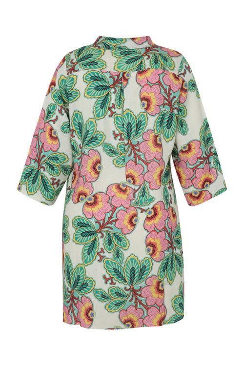 Lange blouse van linnen en viscose met bloemenprint-Paprika-11