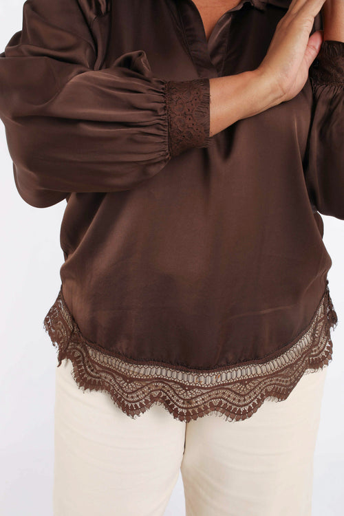 Blouse van viscose met satijneffect, effen met kant-Paprika-5