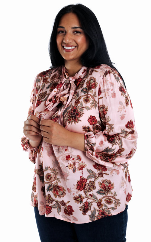 Overhemd van viscose met bloemenprint lavalier-Paprika-1