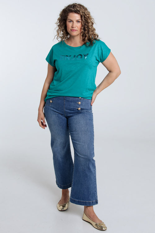 T-shirt uni avec broderie Enjoy et sequins-Paprika-7
