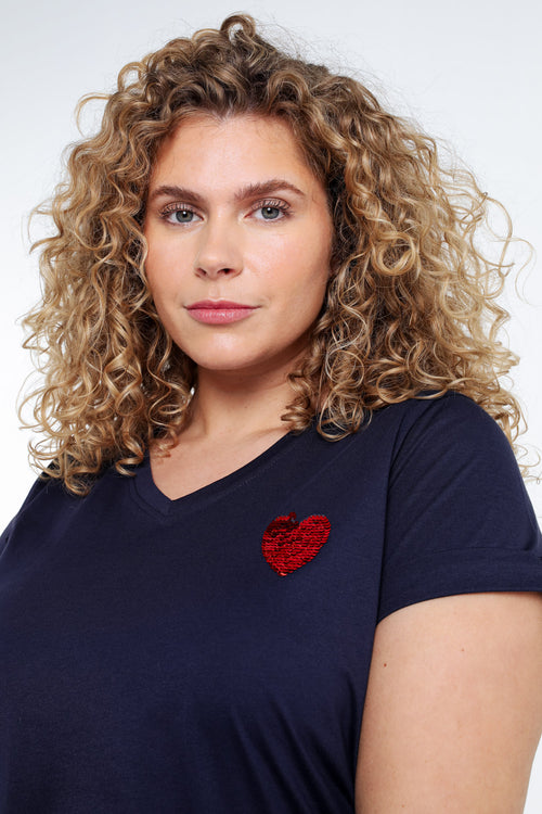 Effen katoenen T-shirt met hart van pailletten-Paprika-6