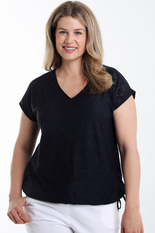 Effen kanten T-shirt met bloemmotief-Paprika-2