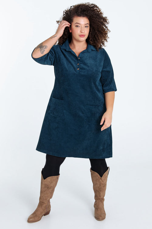 Korte, effen corduroy jurk met opgestikte zakken-Paprika-8