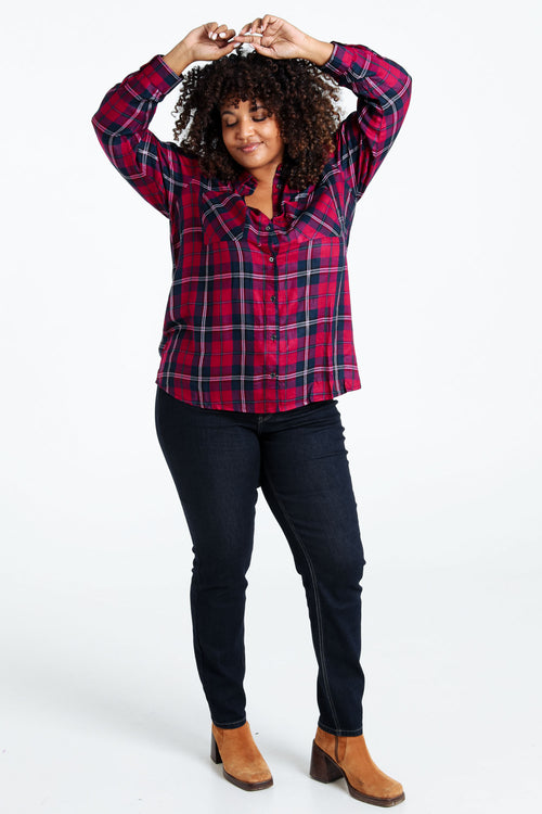 Lang, geruit hemd in viscose met lurex-Paprika-9