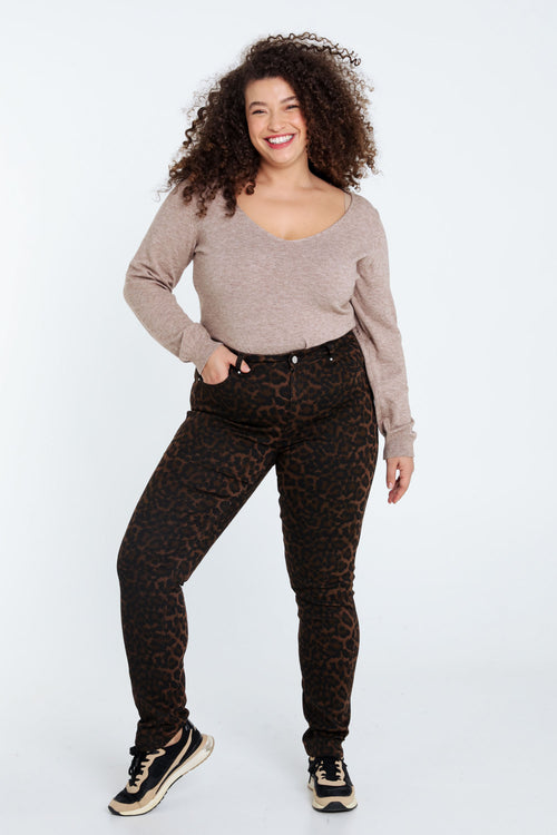 Effen slim jeans met luipaardmotief en 5 zakken-Paprika-8